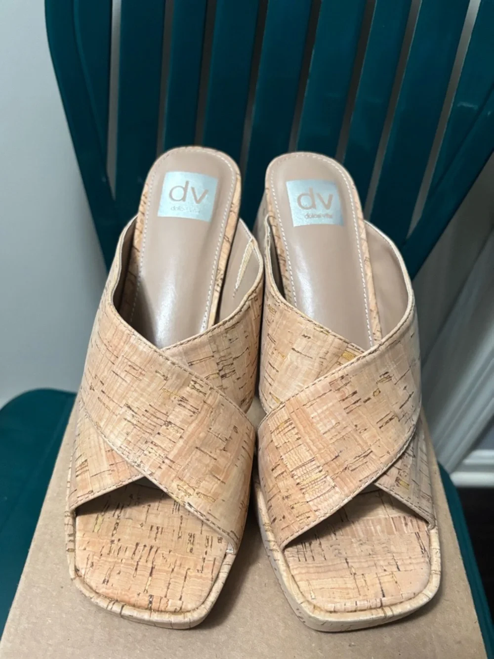 Dolce Vita Tan Cork Crossover Block Heel Slides. DV Dolce Vita womens Boscoe